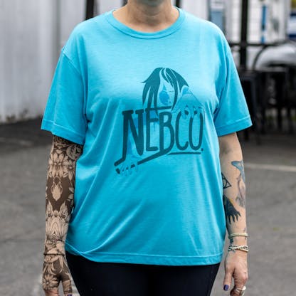 Close up of teal ct nebco and sea hag t shirt