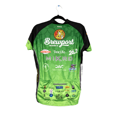 back view of 2019 Closer to Free Ride, Team Craft Beer jersey with sponsor logos.
