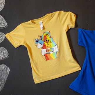 Yellow toddler t-shirt with Fuzzy Baby Ducks logo on front