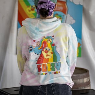 Back of tie dye sweatshirt with Fuzzy Baby Ducks rainbow logo
