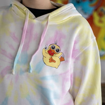 Close up of Fuzzy Baby Duck left chest logo on sweatshirt