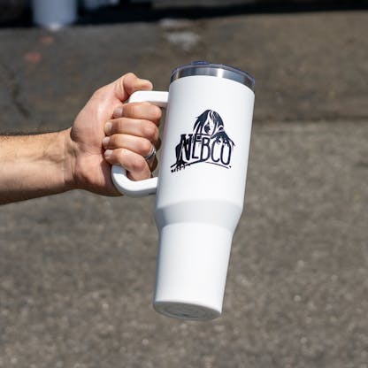 40oz white insulated tumbler with Sea Hag/NEBCO state logo being held by handle
