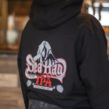 Back of Sea Hag hooded sweatshirt with 2 color logo