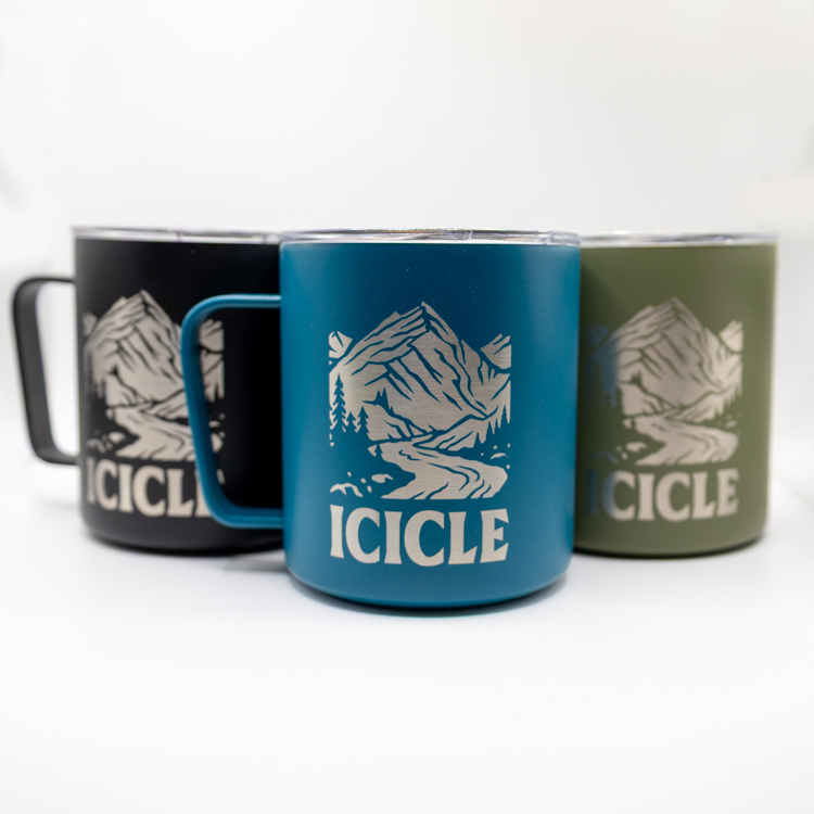 green, blue, and black Miir Camp Cups with Icicle logo