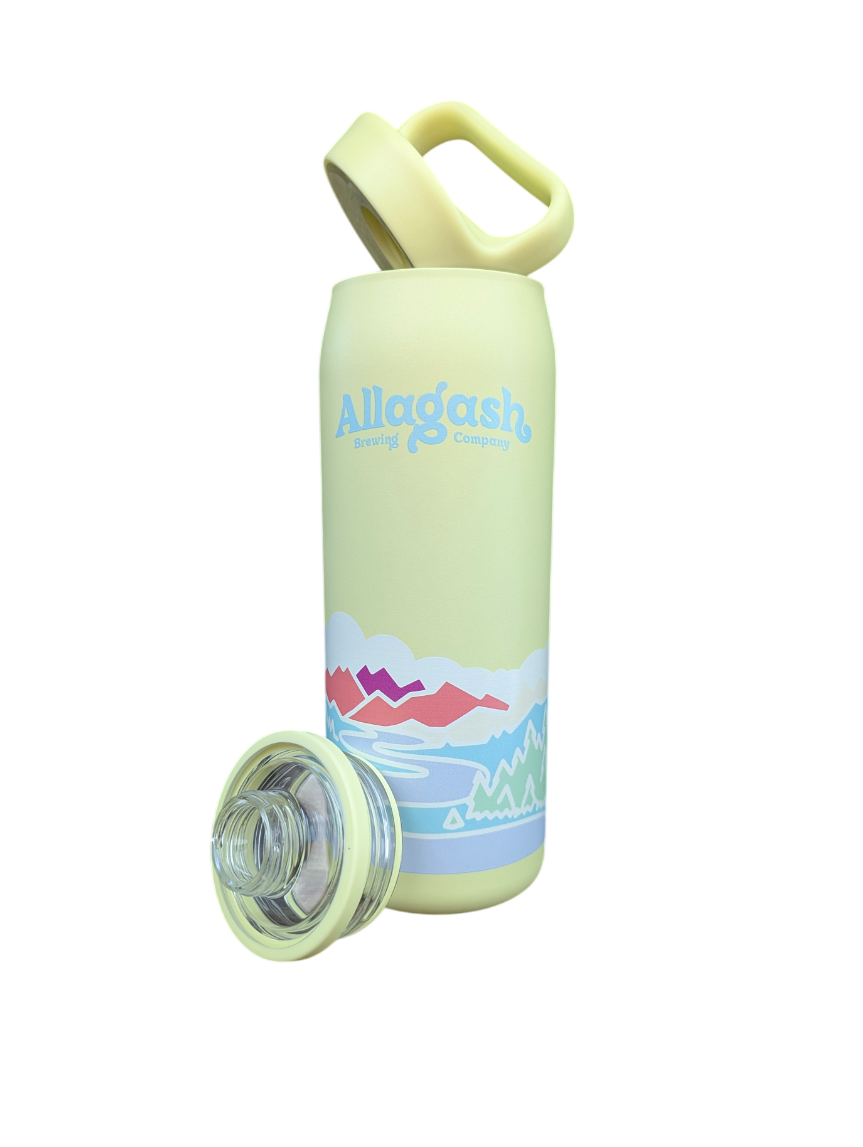 A yellow water bottle with the lid off