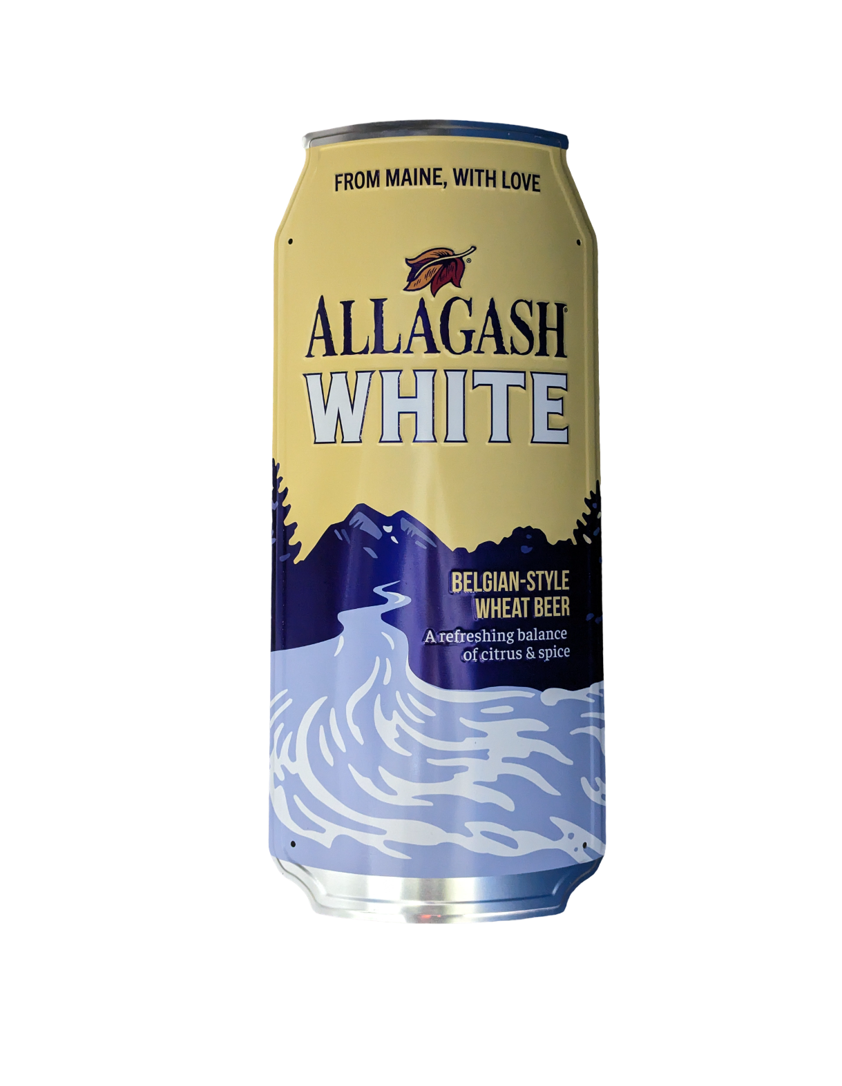 a 3 dimensional beer can featuring a river and mountain scene. The text reads Allagash White