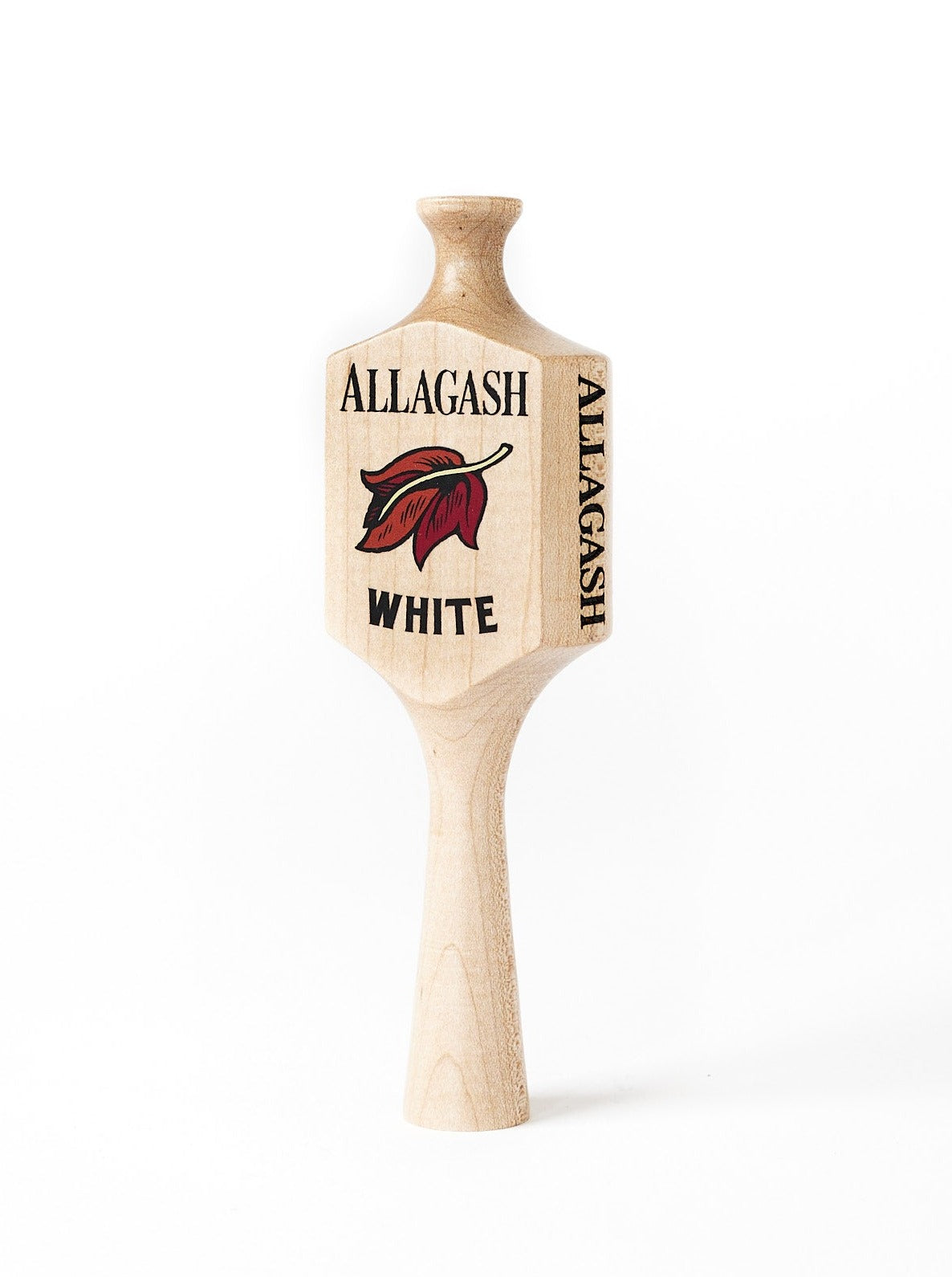 a small wooden taphandle with the text Allagash White surrounding a leaf logo