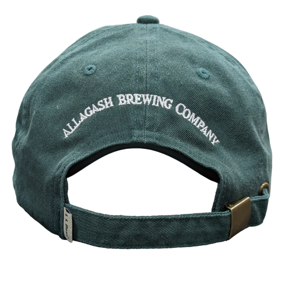 the back of a green ballcap with the text Allagash Brewing Company