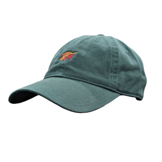 a green ball cap with a red and orange leaf on the front