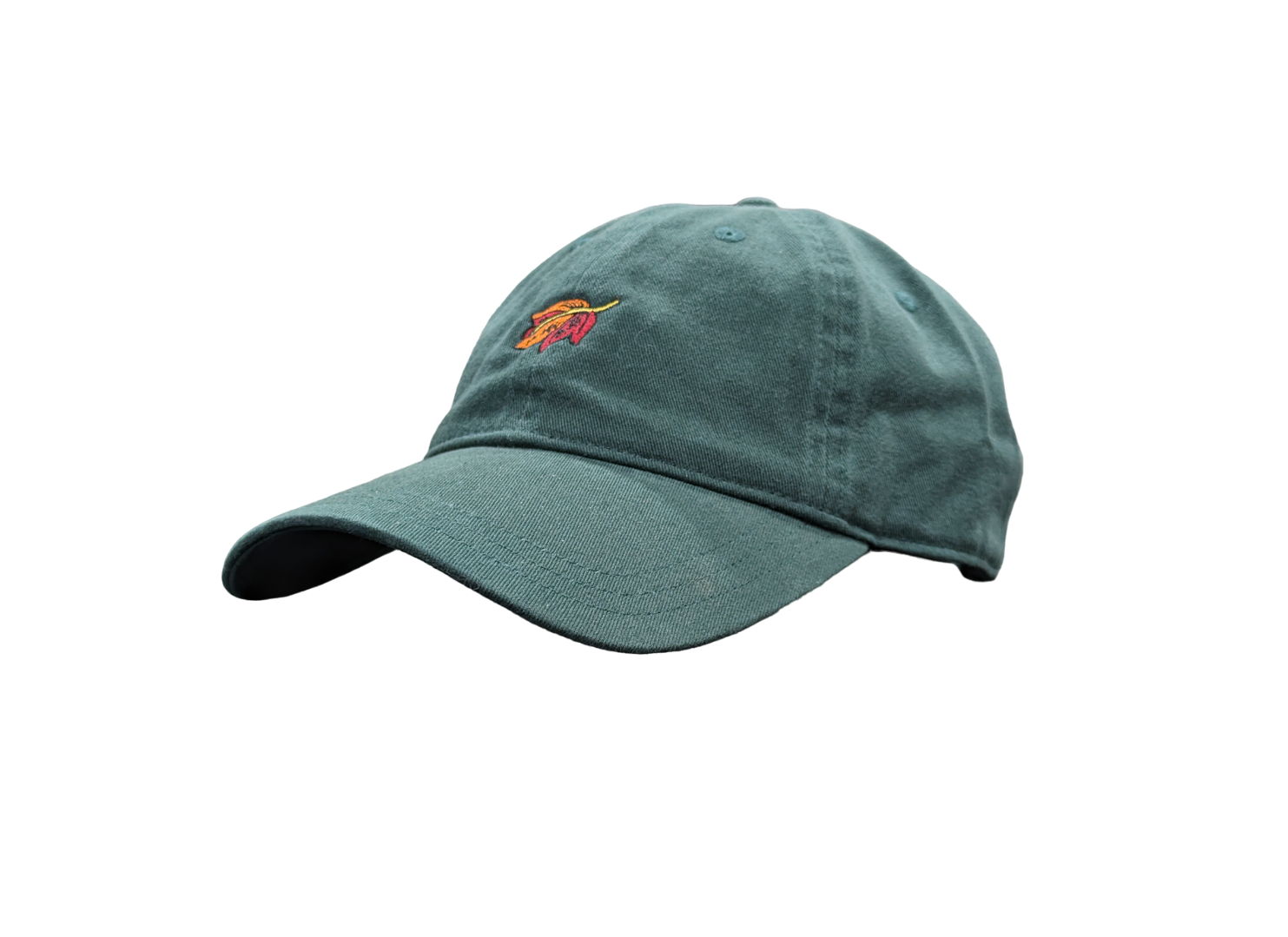a green ball cap with a red and orange leaf on the front