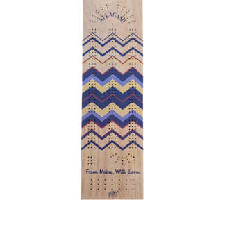 A wooden cribbage board with multicolor stripes