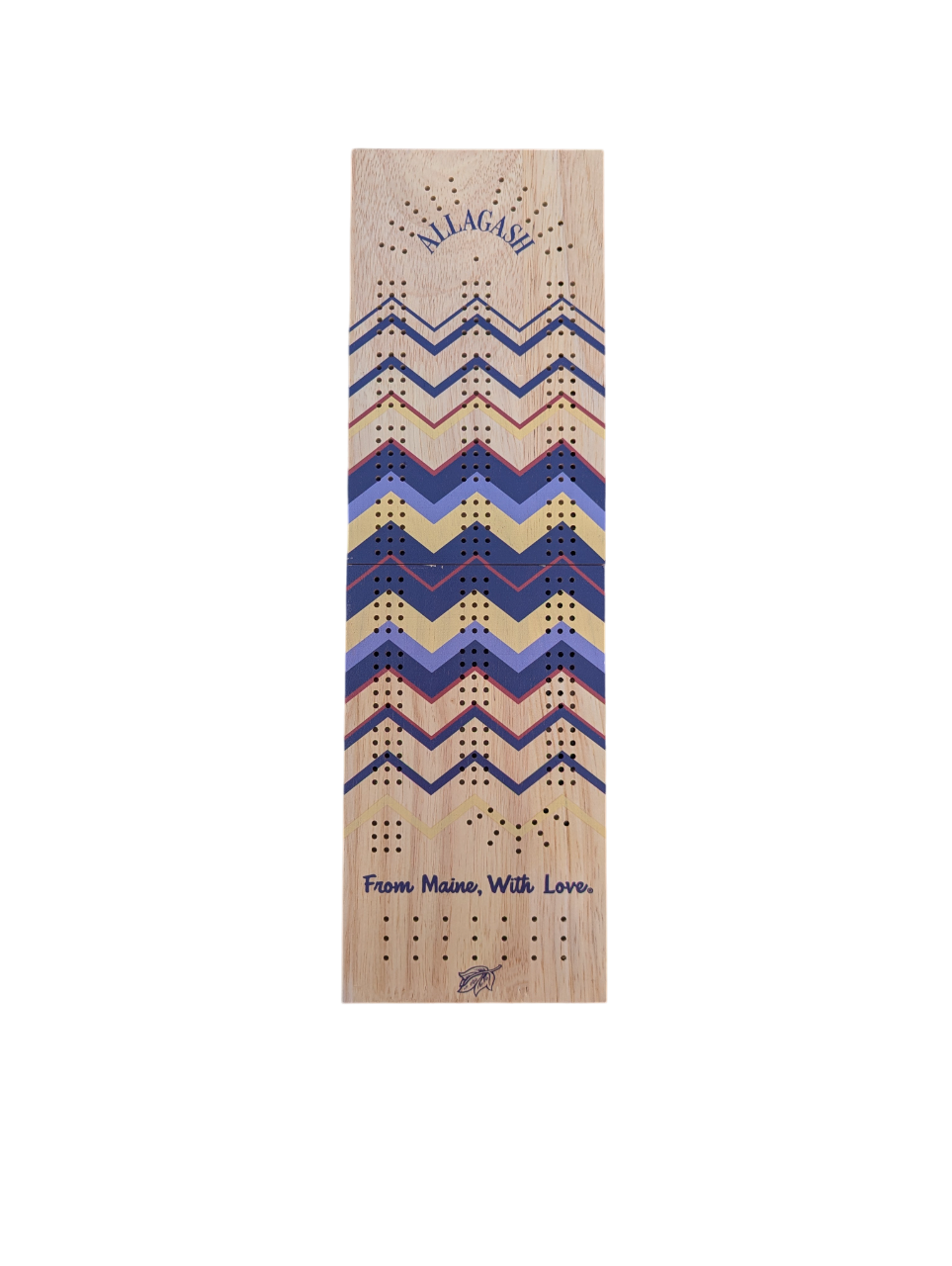 A wooden cribbage board with multicolor stripes