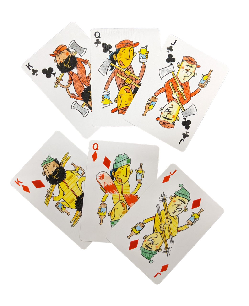 6 playing cards with cartoon figures
