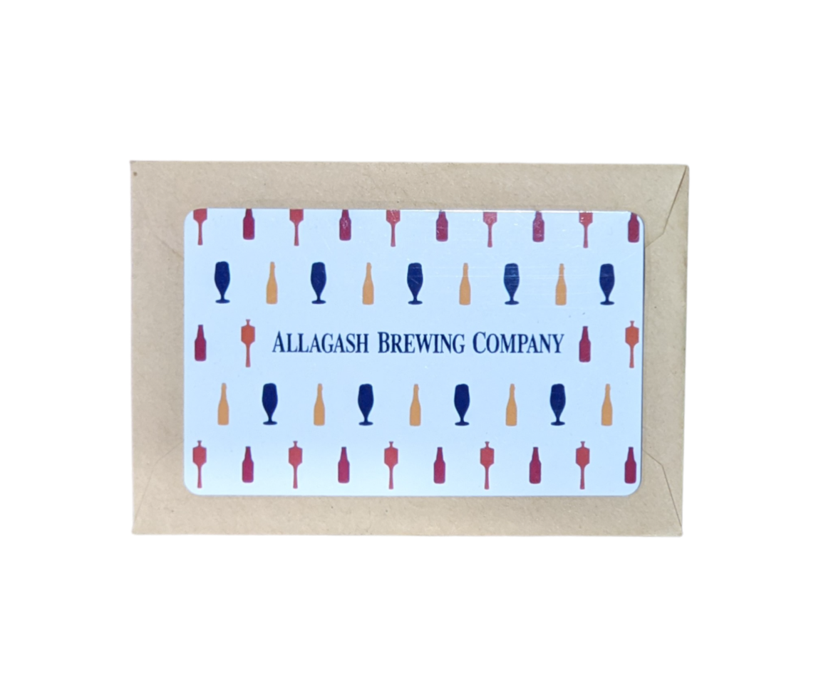 a plastic giftcard with envelope and the text Allagash Brewing Company