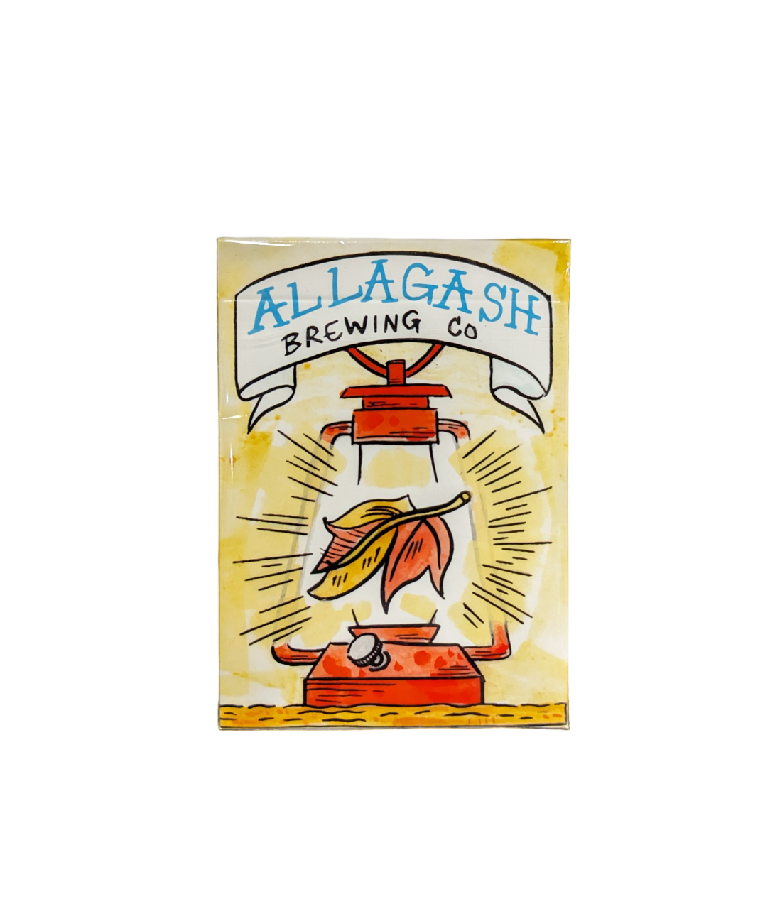 a playing card box with the text Allagash and a red lantern
