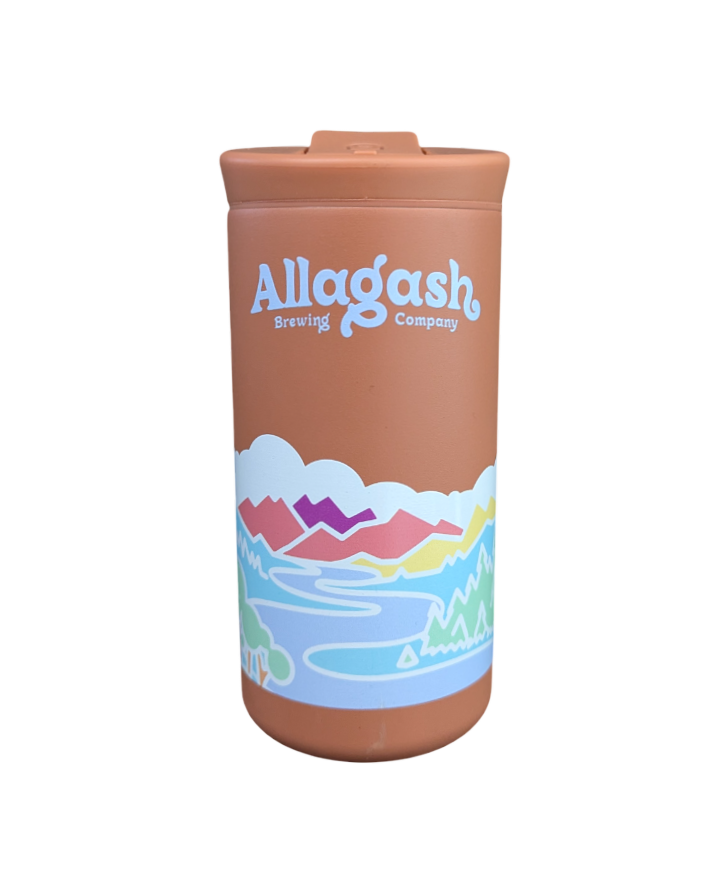 a clay color mug with the text Allagash Brewing Company and a multicolor river scene