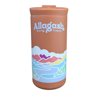 a clay color mug with the text Allagash Brewing Company and a multicolor river scene