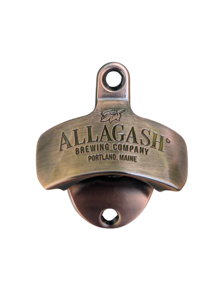 a metal bottle opener with the text Allagash Brewing Company