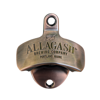 a metal bottle opener with the text Allagash Brewing Company