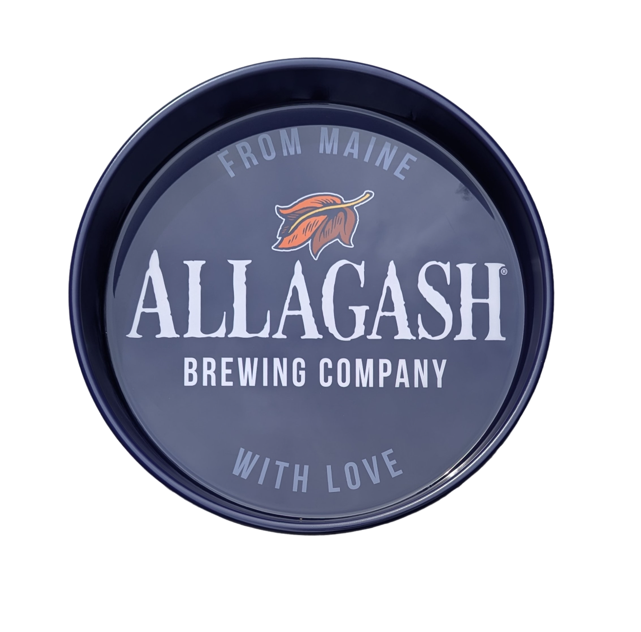a metal tray with the text From Main, With Love, Allagash Brewing Company and a leaf logo.