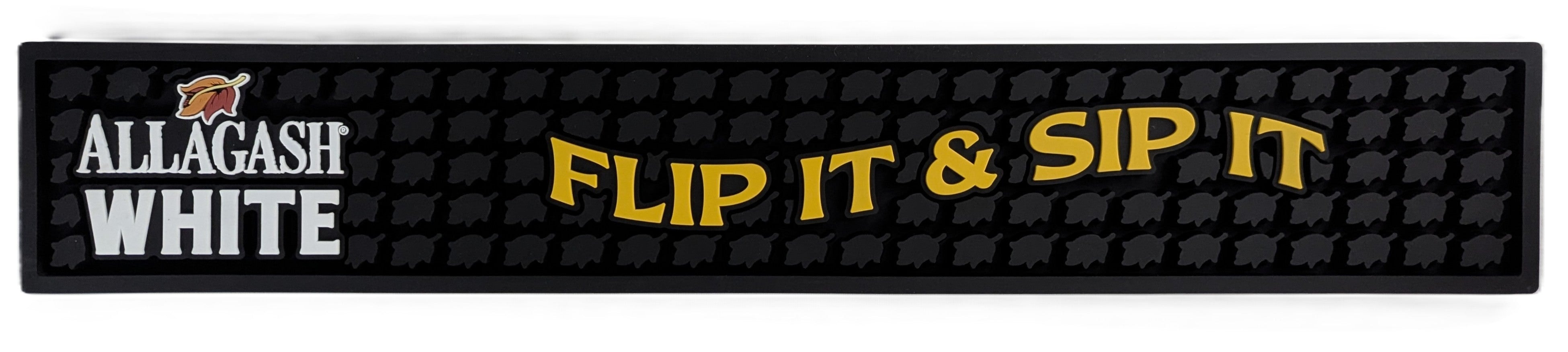 a black bar mat with the text Allagash White Flip it and sip it