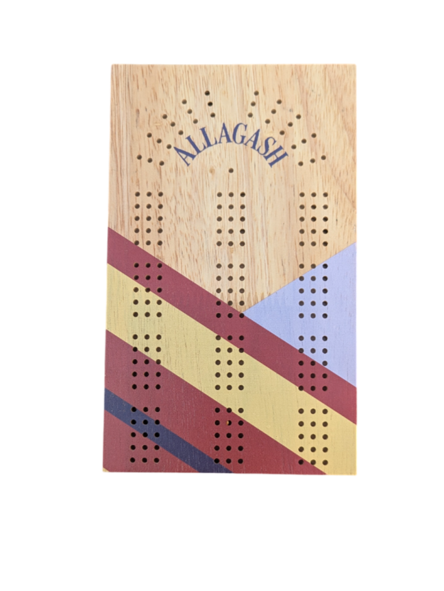 A wooden cribbage board folded in half along the hinge.