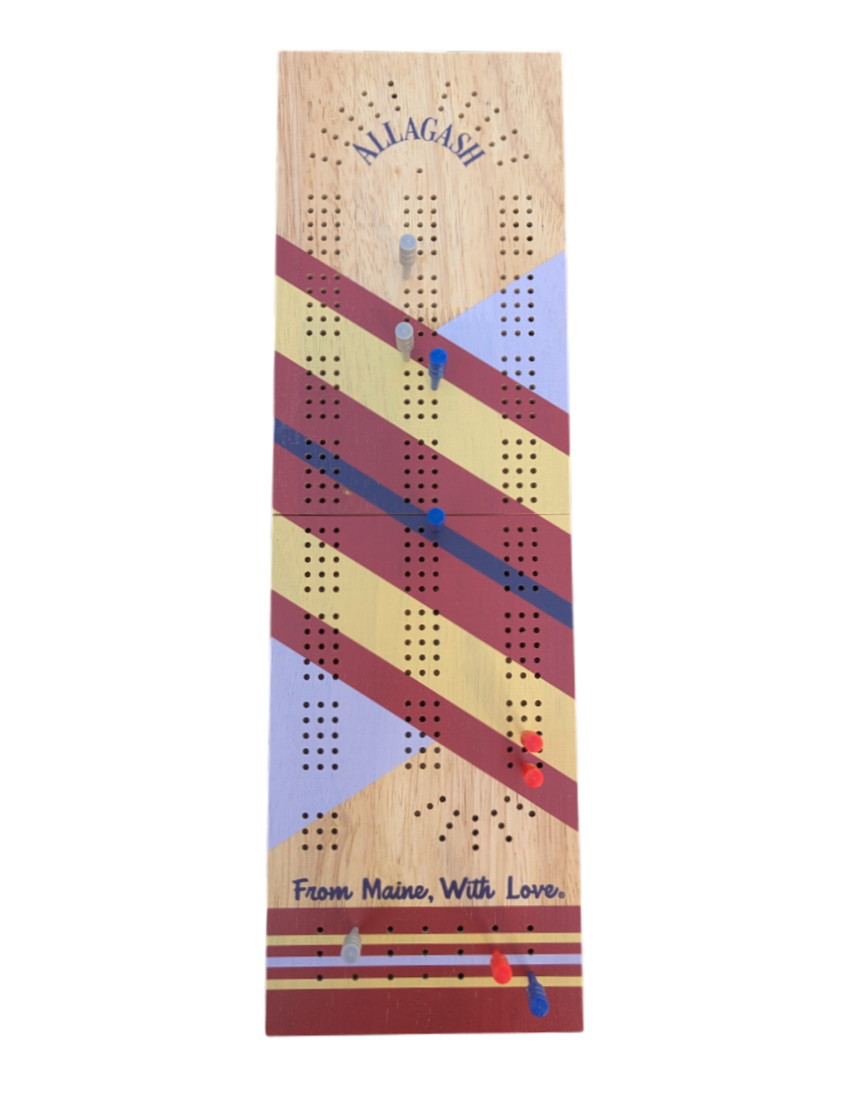 A colorfully striped wooden cribbage board.