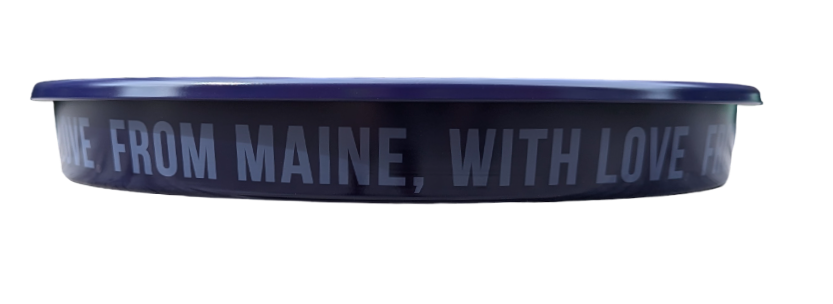 The side of a blue beer tray with the text "From Maine, With Love"