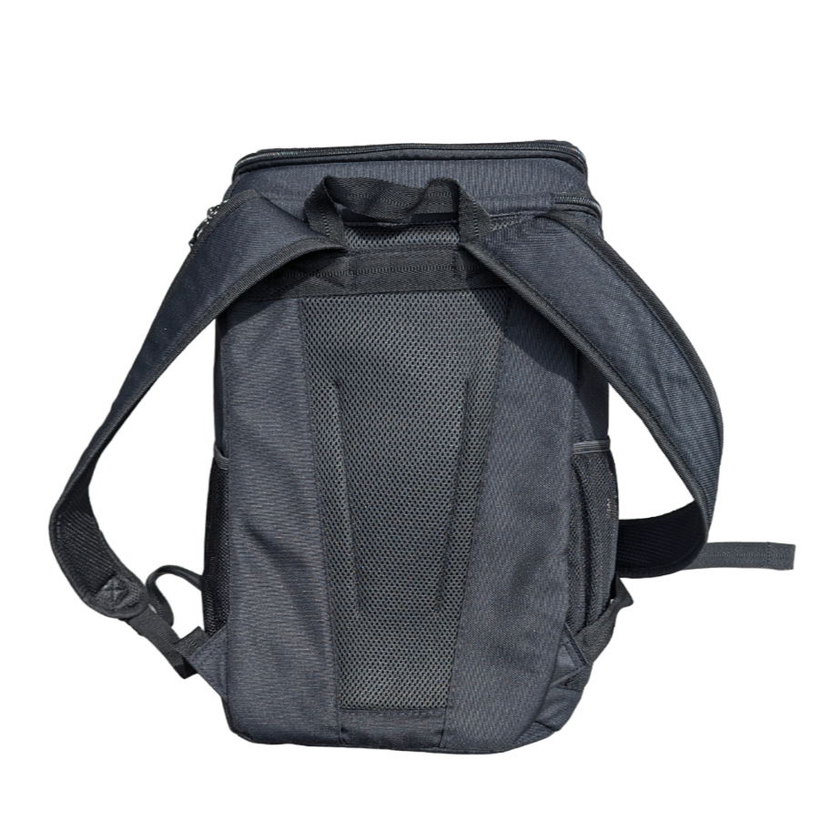 the back straps of a black backpack cooler