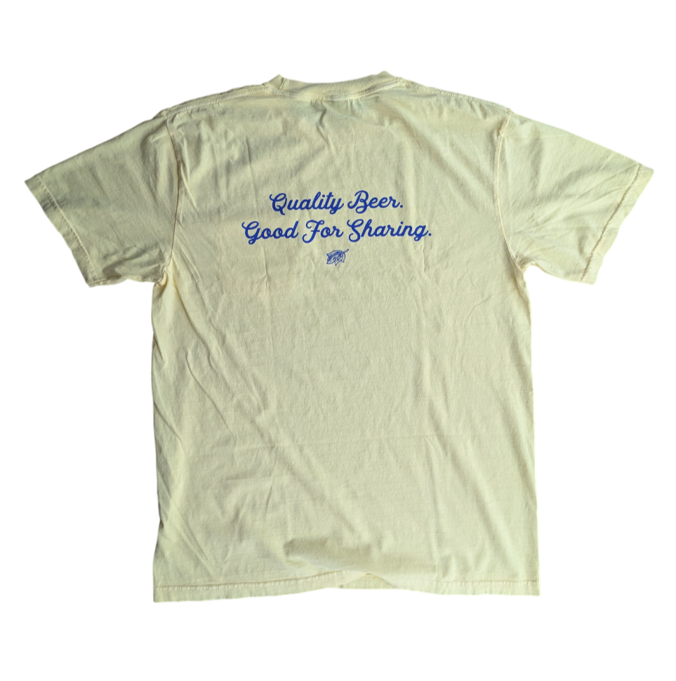 the back of a yellow tee with text that reads Quality Beer Good for Sharing
