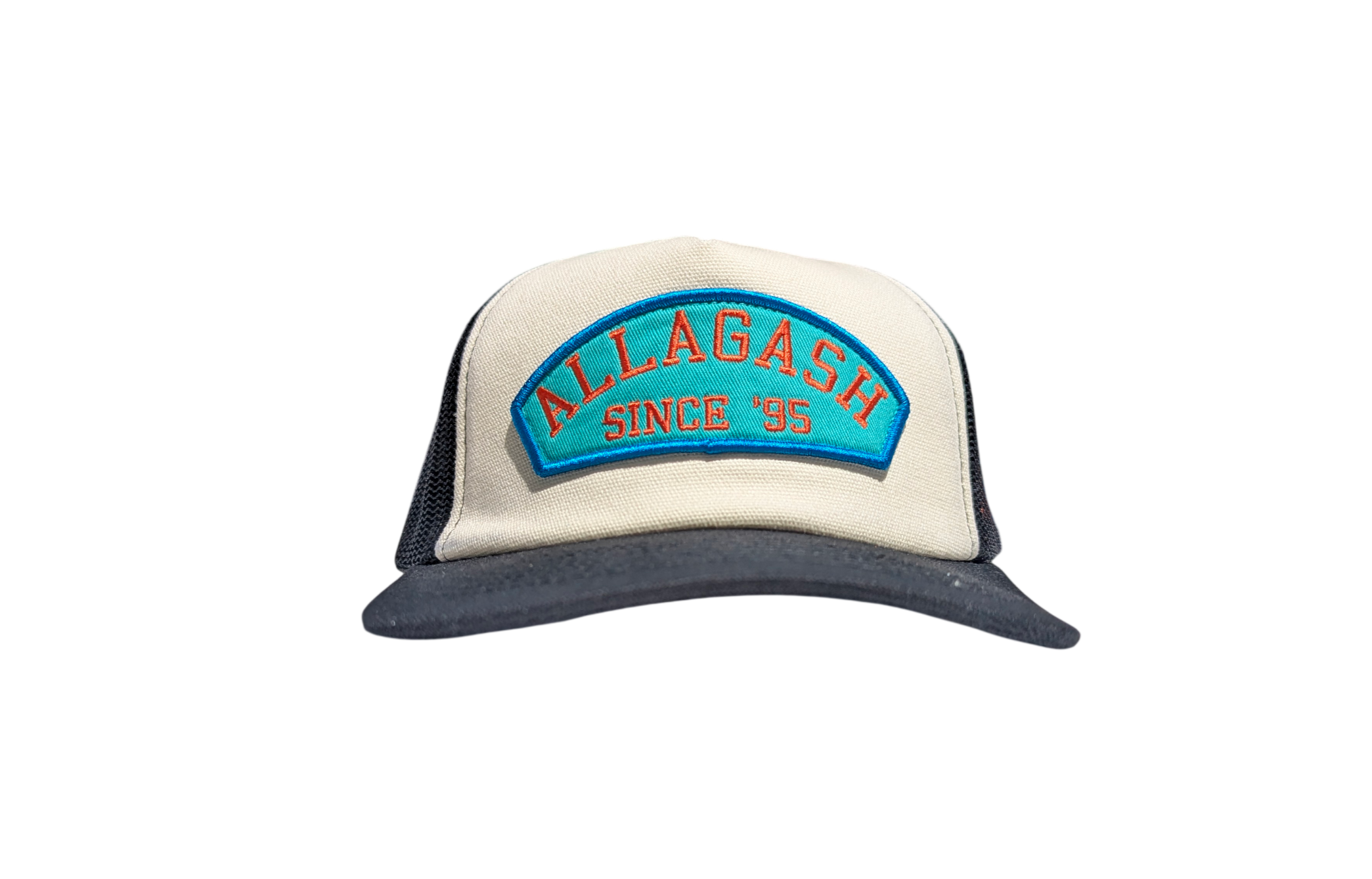 a white front trucker hat with an arched blue patch reading Allagash Since '95