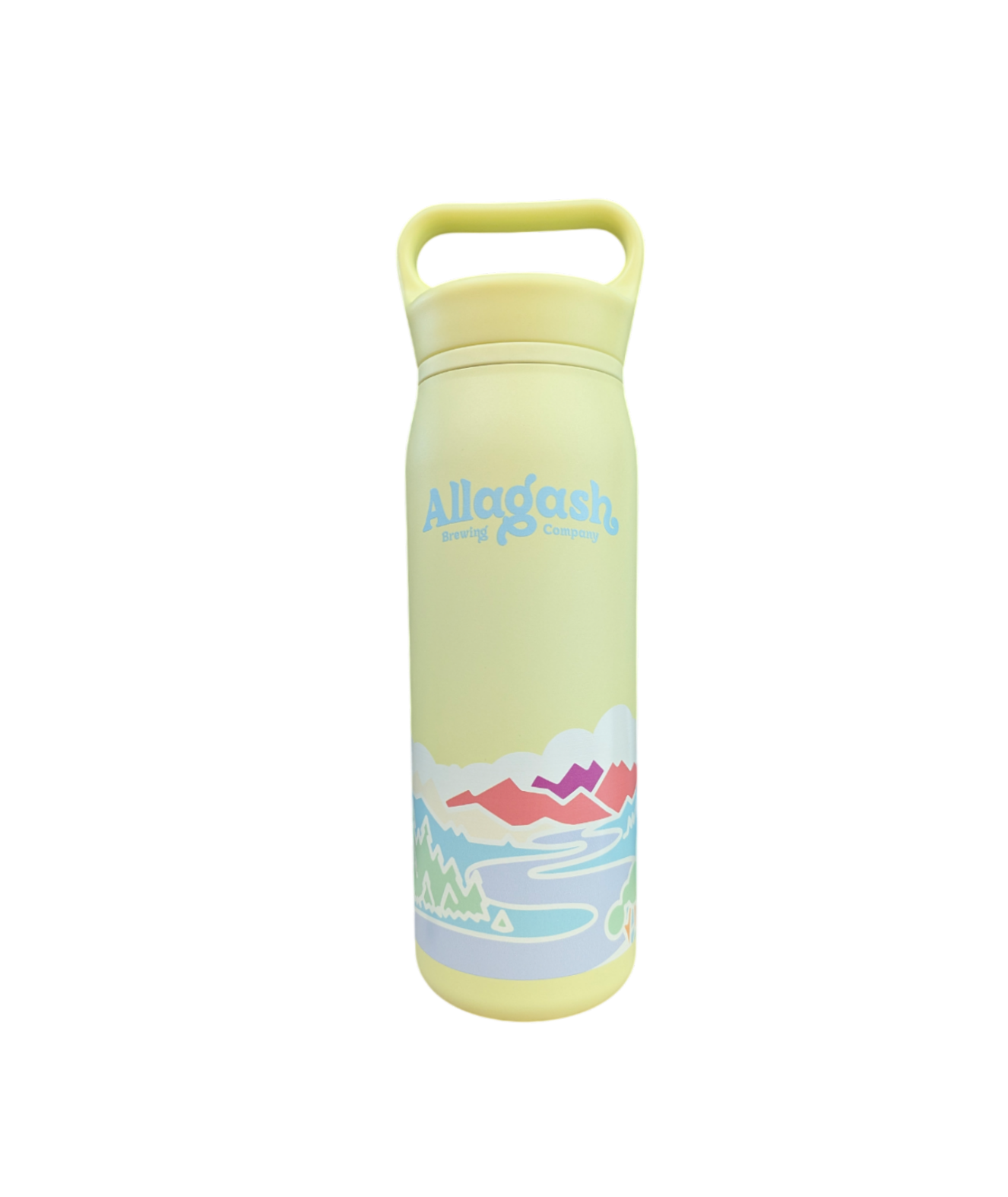 A yellow water bottle with a multicolor river scene. The text reads Allagash in light blue
