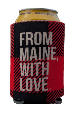 A black and red check coozie with the words "From Maine, With Love" printed in white