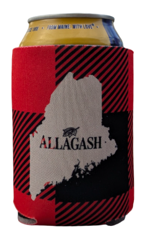 A black and red check coozie with an off white state of Maine outline and the text Allagash
