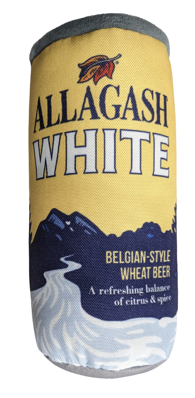 a dog toy that looks like a can of Allagash White beer