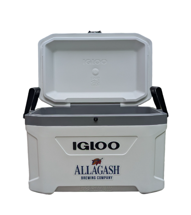 a white cooler with the text Igloo and Allagash Brewing Company on the front. the cooler has black handles and accents.