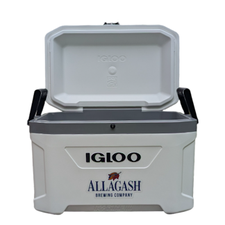 a white cooler with the text Igloo and Allagash Brewing Company on the front. the cooler has black handles and accents.