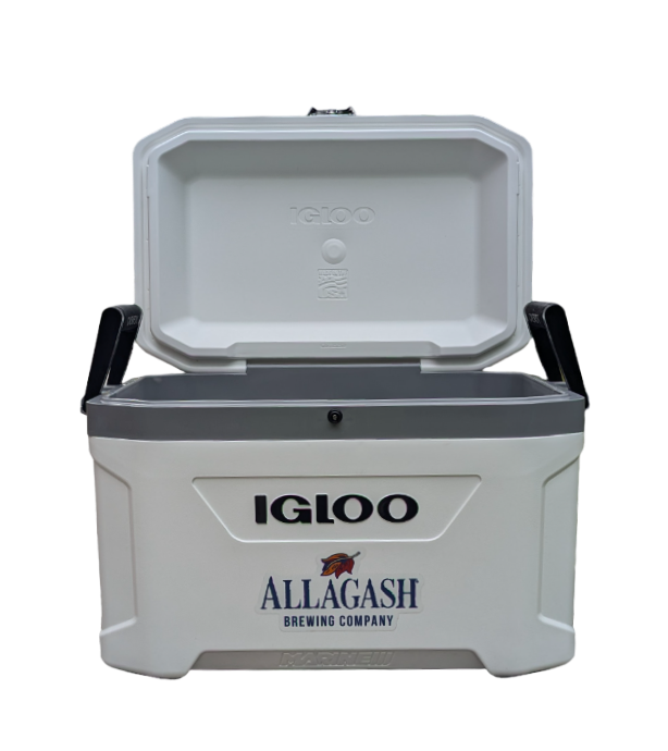 a white cooler with the text Igloo and Allagash Brewing Company on the front. the cooler has black handles and accents.