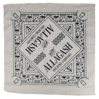 a cream color bandana with navy blue icons and the text Allagash Brewing Company
