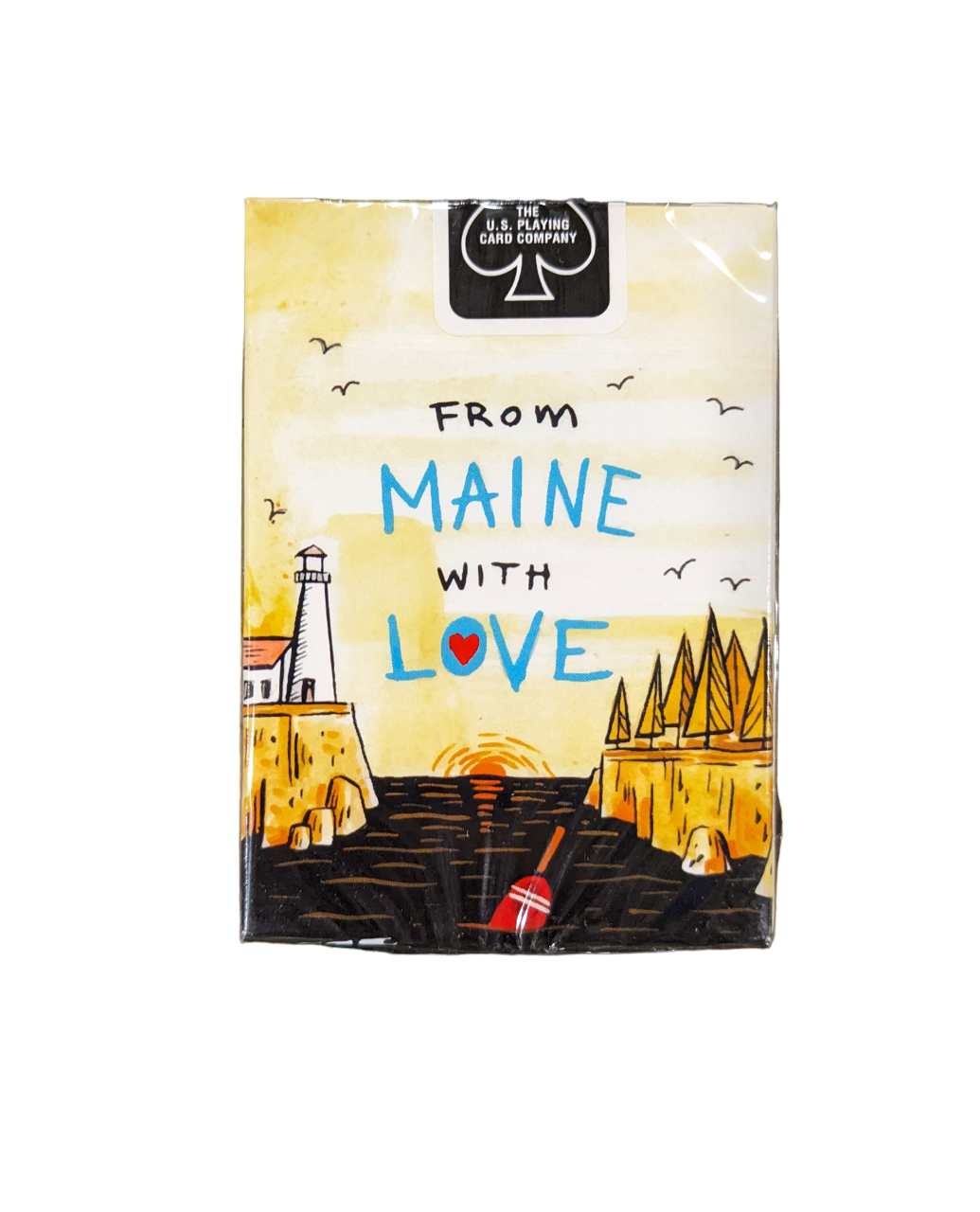 A playing card box with the text From Maine With Love and an ocean scene
