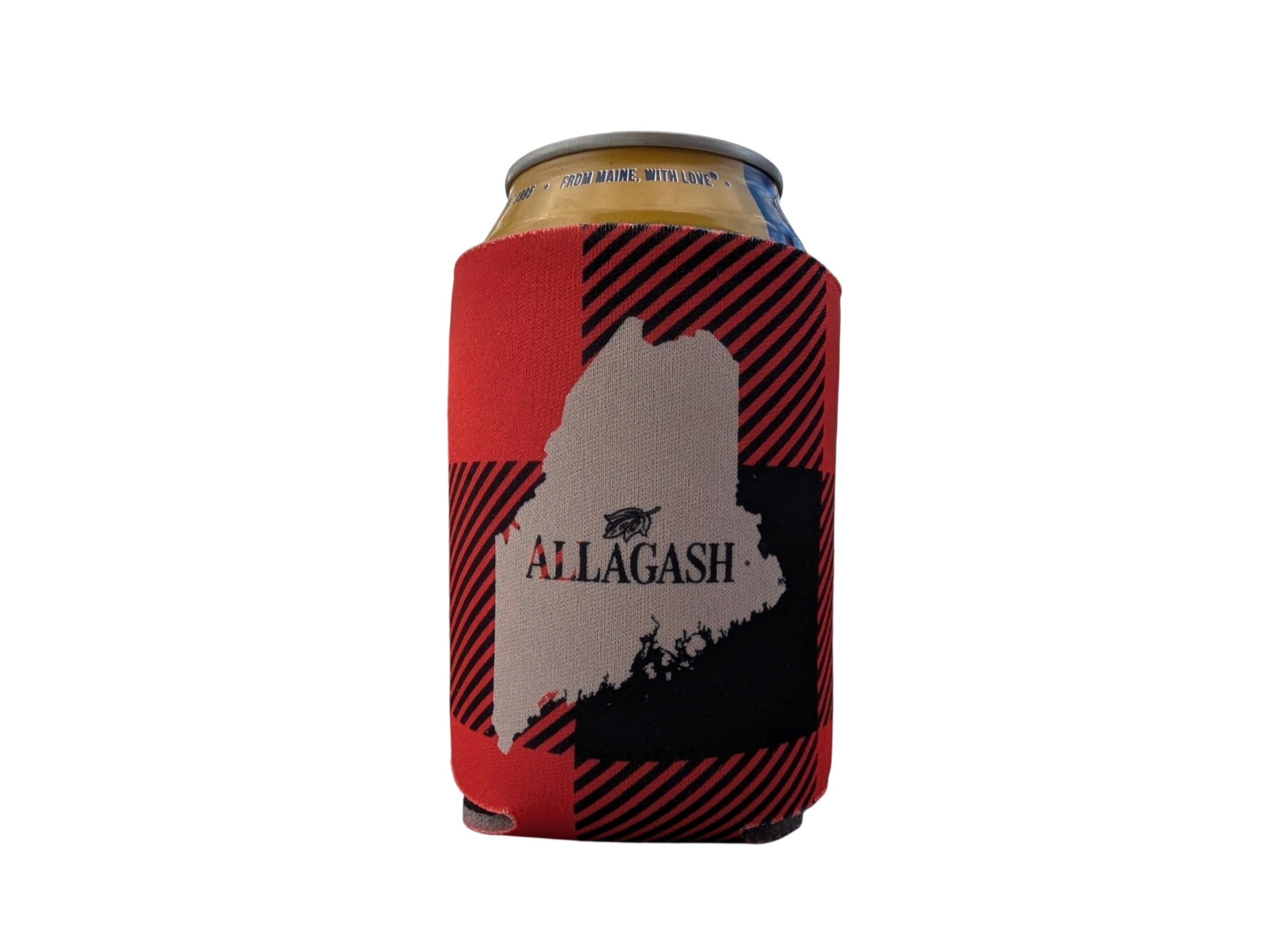 a black and red checkered coozie featuring the outline shape of the state of Maine. The text inside reads Allagash