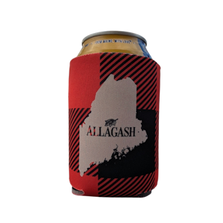 a black and red checkered coozie featuring the outline shape of the state of Maine. The text inside reads Allagash