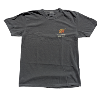a dark pepper color tee with a retro leaf and the text From Maine With Love