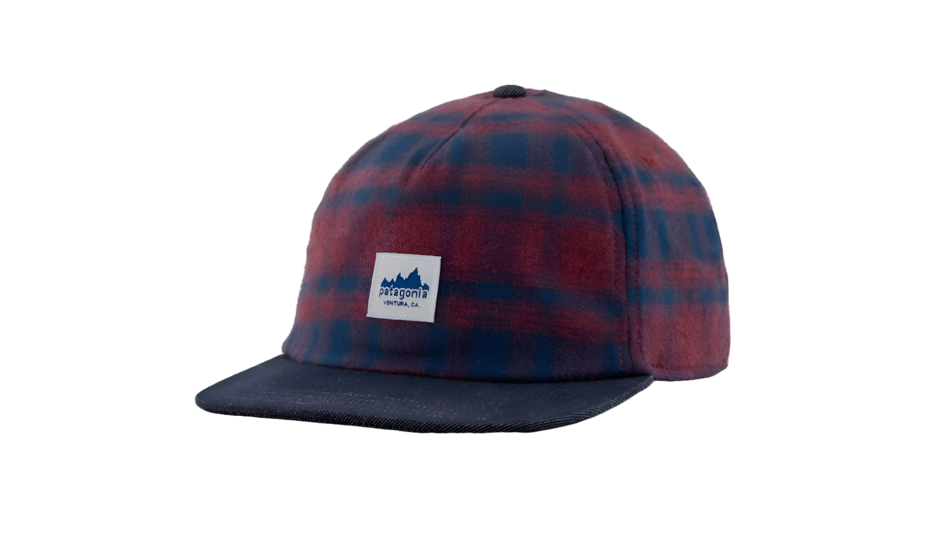 a red and blue checked hat with a patch that reads Patagonia