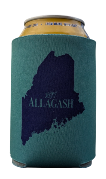 a dark green coozie with a blue state of Maine outline and the text Allagash