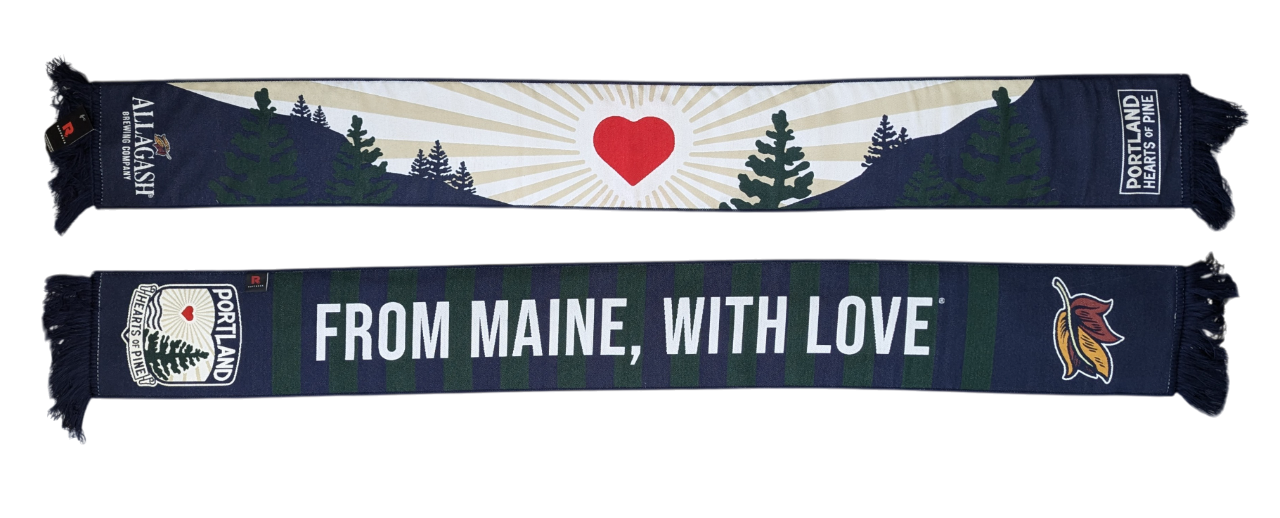 A double sided scarf with a mountain scene and the text From Maine With Love