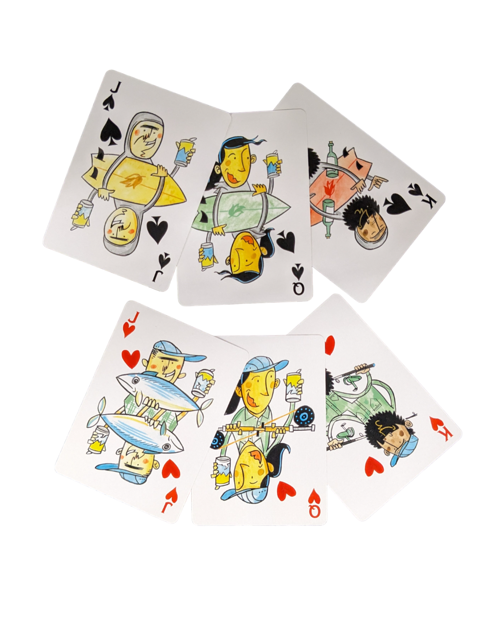 6 playing cards with cartoon figures