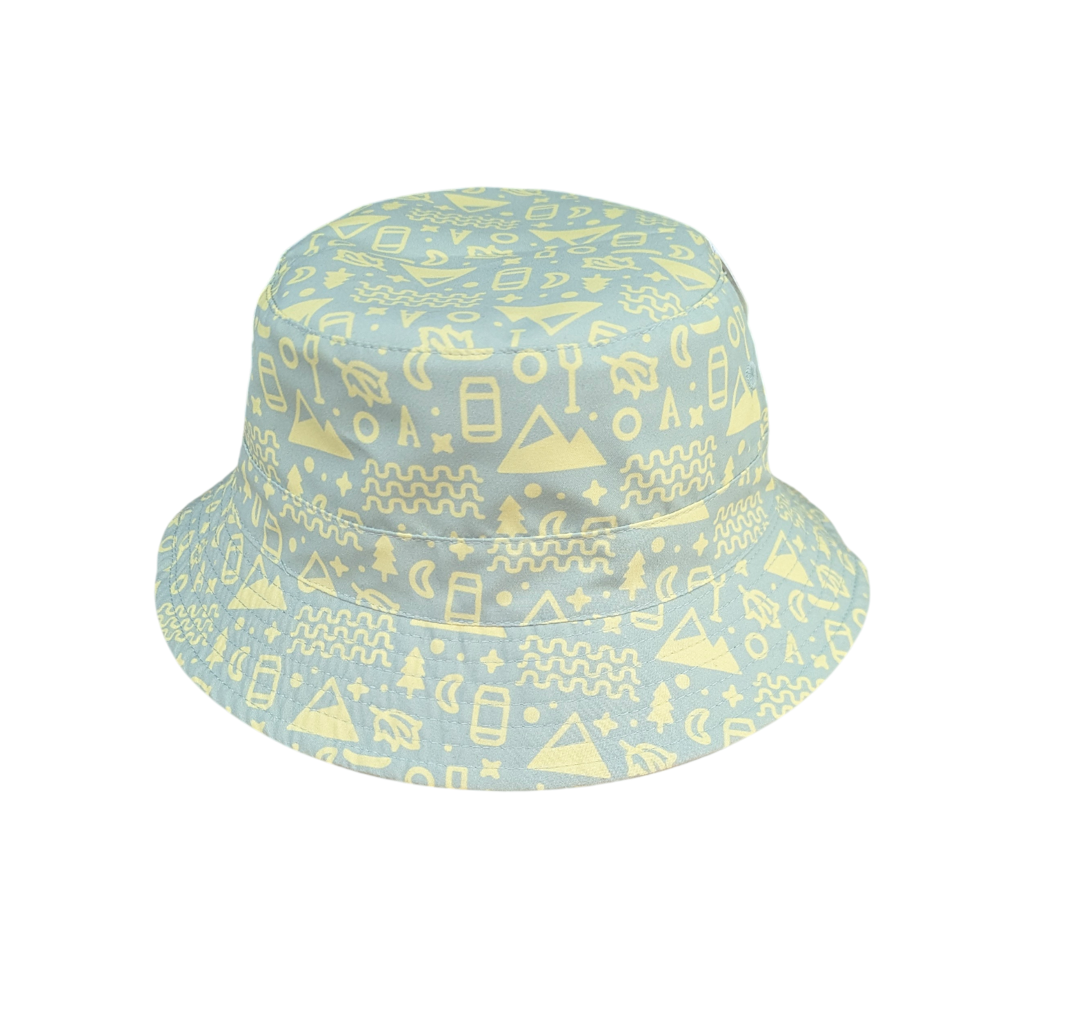 a mineral blue hat with yellow icons repeating across it.