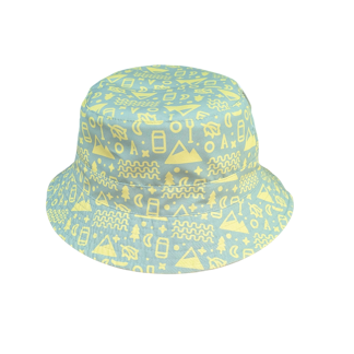 a mineral blue hat with yellow icons repeating across it.