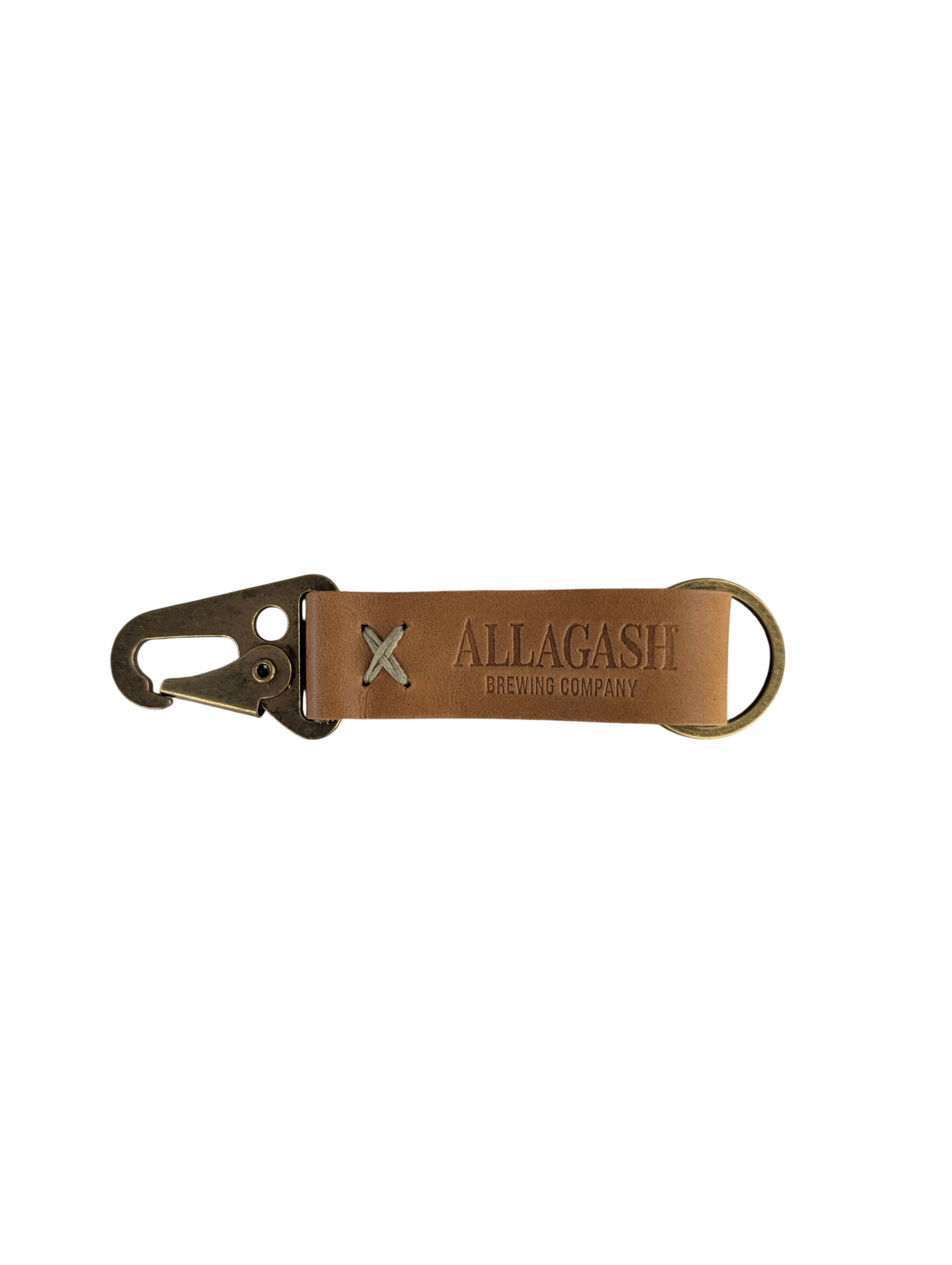 a leather and metal keychain with clasp and keyring